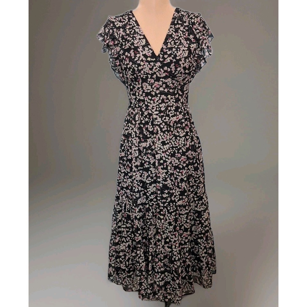 Banana Republic Black Floral Tiered Flutter Midi Dress Romantic Women's Sz 2